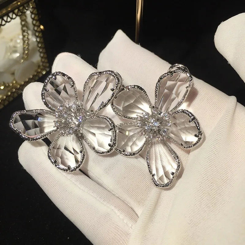 Fashion Crystal Flower Stud Earrings Brooch Ring Jewelry for Women Fashion Girls Vintage Jewelry Party Gift