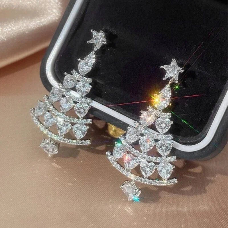 Fashion Christmas Tree Zircon Crystal Star Silver Color Earrings