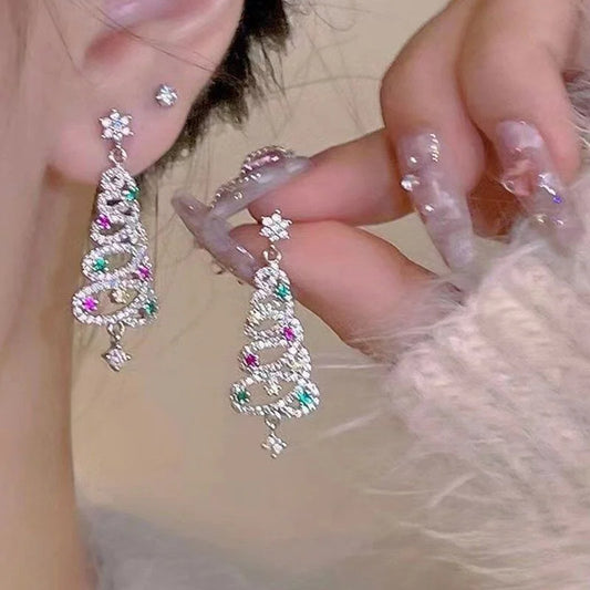 Fashion Christmas Tree Zircon Crystal Star Silver Color Earrings