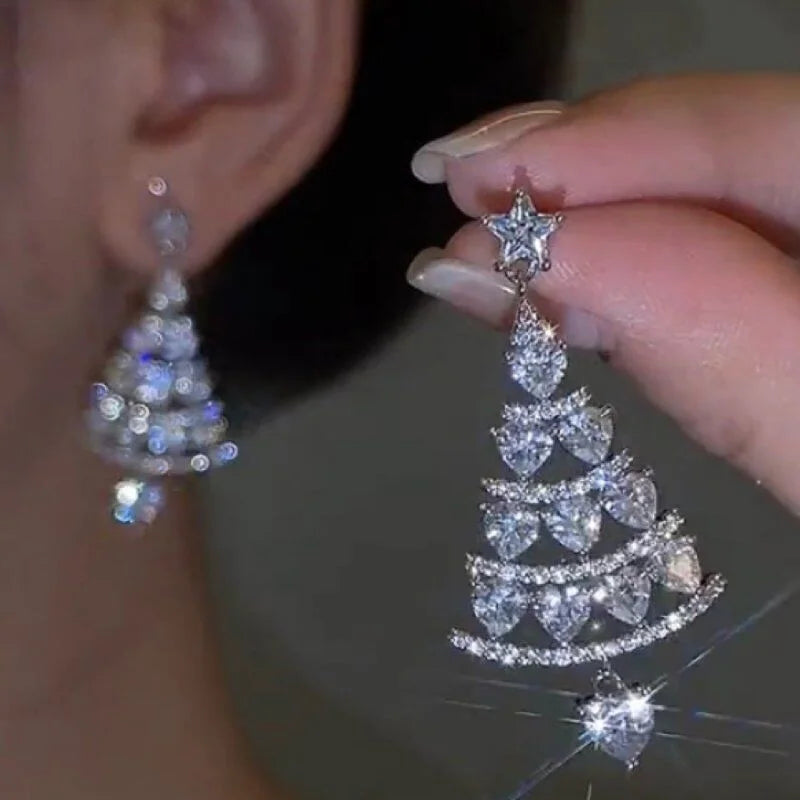 Fashion Christmas Tree Zircon Crystal Star Silver Color Earrings