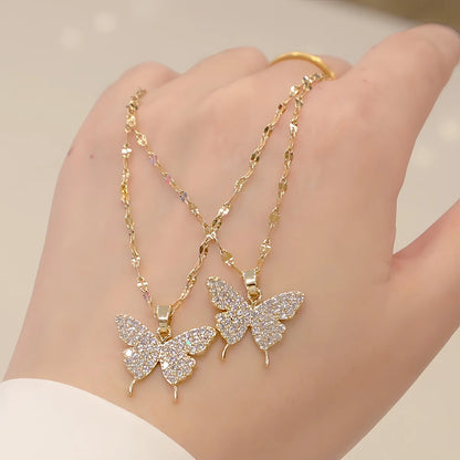 Shiny Butterfly Necklace Golden Crystal