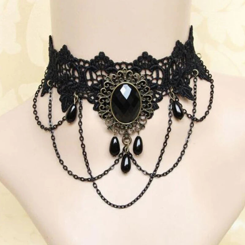 New Sexy Gothic Chokers Crystal Black Lace Neck