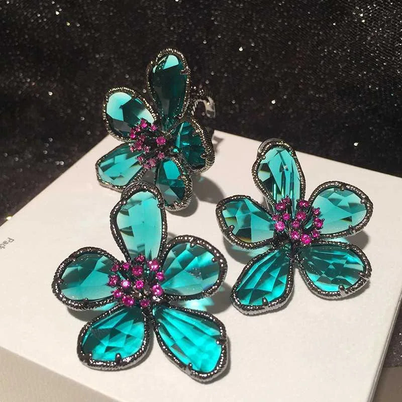 Fashion Crystal Flower Stud Earrings Brooch Ring Jewelry for Women Fashion Girls Vintage Jewelry Party Gift