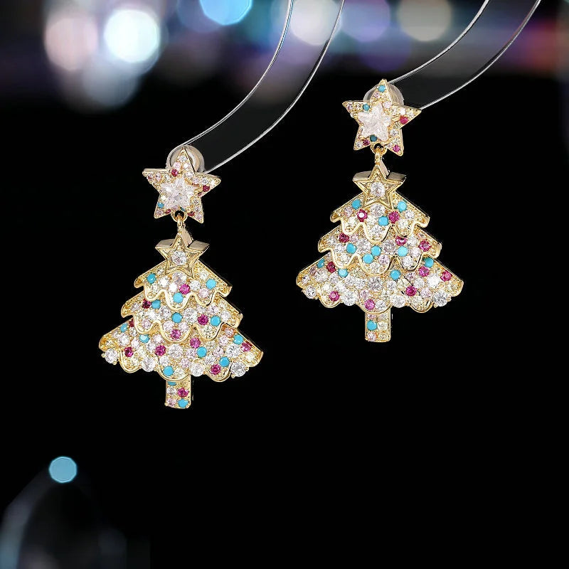 Fashion Christmas Tree Zircon Crystal Star Silver Color Earrings