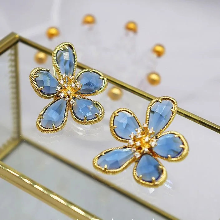 Fashion Crystal Flower Stud Earrings Brooch Ring Jewelry for Women Fashion Girls Vintage Jewelry Party Gift