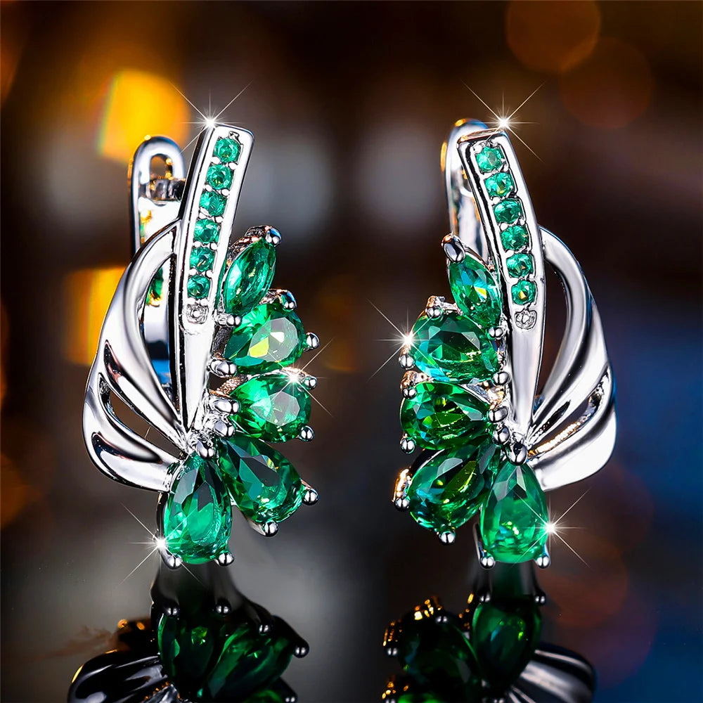 Luxury Female Blue Green Clip Earrings Charm Gold Color Trendy Zircon Stone Wedding Jewelry For Women