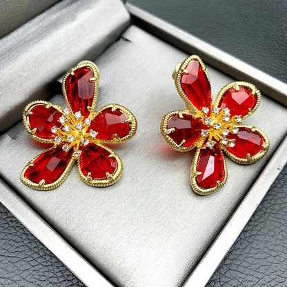 Fashion Crystal Flower Stud Earrings Brooch Ring Jewelry for Women Fashion Girls Vintage Jewelry Party Gift