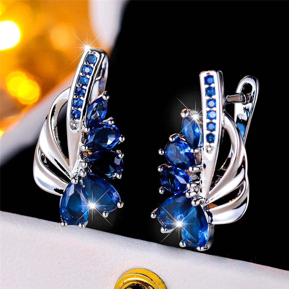 Luxury Female Blue Green Clip Earrings Charm Gold Color Trendy Zircon Stone Wedding Jewelry For Women