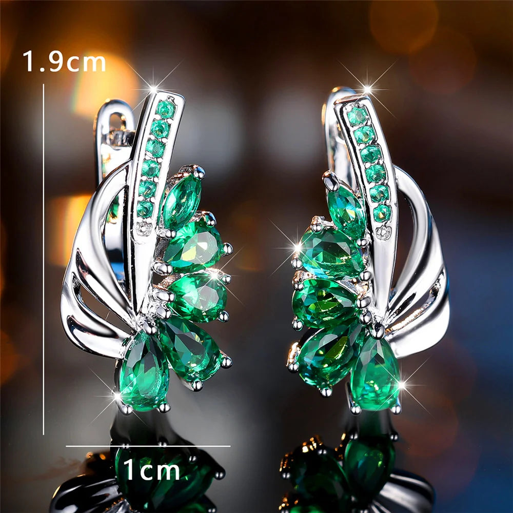 Luxury Female Blue Green Clip Earrings Charm Gold Color Trendy Zircon Stone Wedding Jewelry For Women