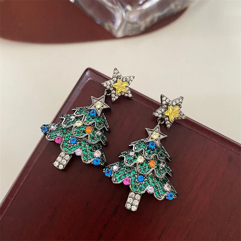 Fashion Christmas Tree Zircon Crystal Star Silver Color Earrings