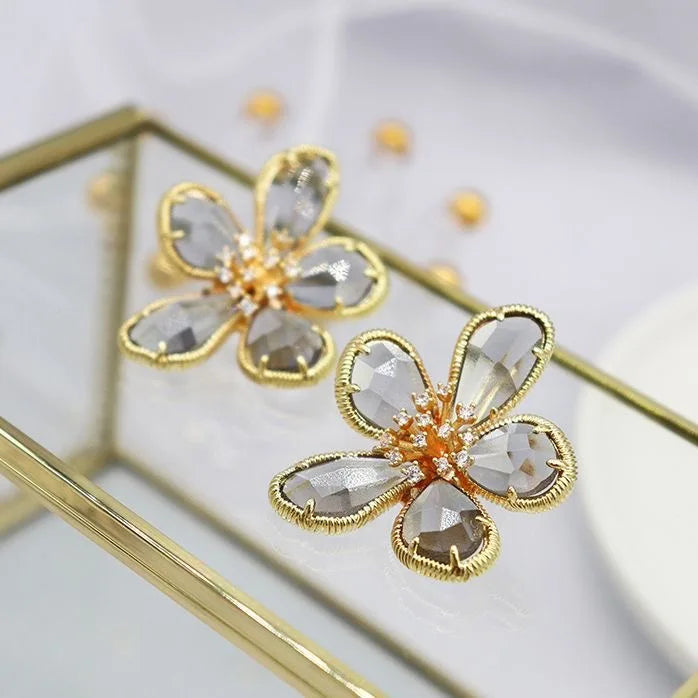 Fashion Crystal Flower Stud Earrings Brooch Ring Jewelry for Women Fashion Girls Vintage Jewelry Party Gift