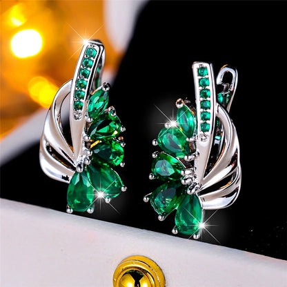 Luxury Female Blue Green Clip Earrings Charm Gold Color Trendy Zircon Stone Wedding Jewelry For Women