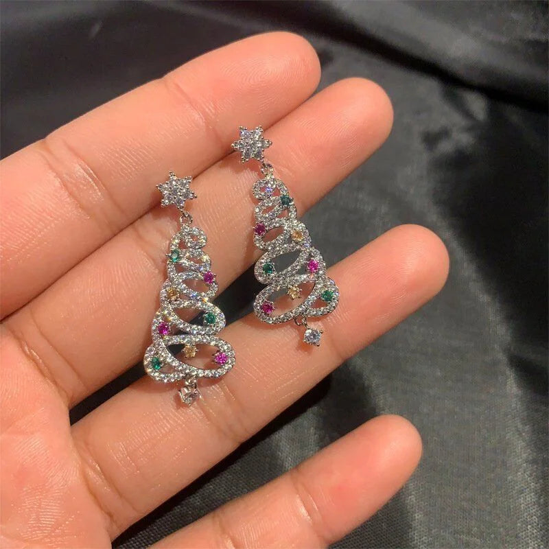 Fashion Christmas Tree Zircon Crystal Star Silver Color Earrings