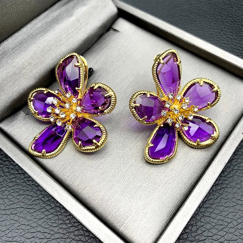 Fashion Crystal Flower Stud Earrings Brooch Ring Jewelry for Women Fashion Girls Vintage Jewelry Party Gift