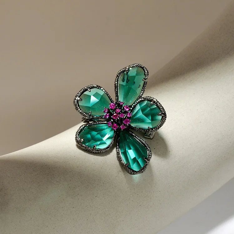 Fashion Crystal Flower Stud Earrings Brooch Ring Jewelry for Women Fashion Girls Vintage Jewelry Party Gift