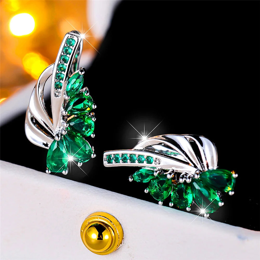 Luxury Female Blue Green Clip Earrings Charm Gold Color Trendy Zircon Stone Wedding Jewelry For Women