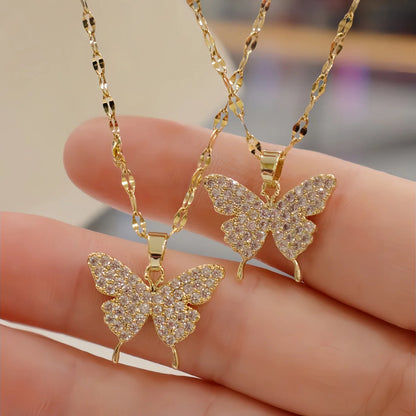 Shiny Butterfly Necklace Golden Crystal